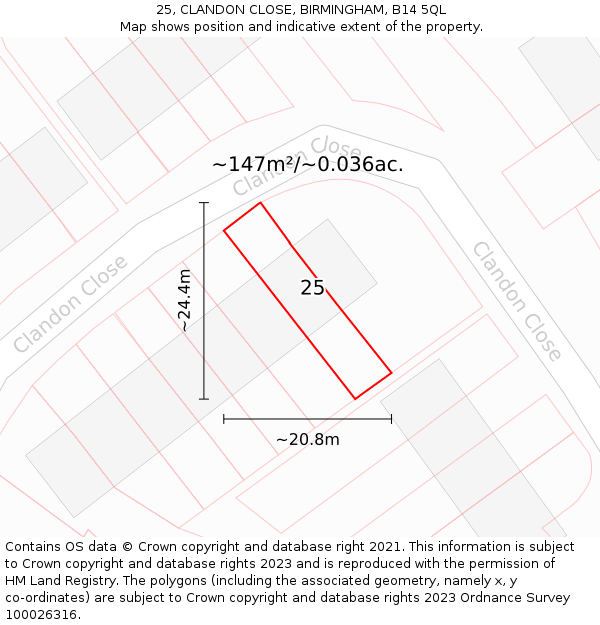 25, CLANDON CLOSE, BIRMINGHAM, B14 5QL: Plot and title map