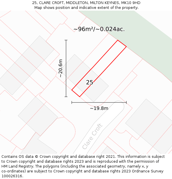 25, CLARE CROFT, MIDDLETON, MILTON KEYNES, MK10 9HD: Plot and title map