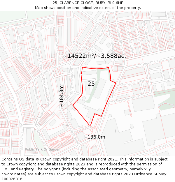 25, CLARENCE CLOSE, BURY, BL9 6HE: Plot and title map
