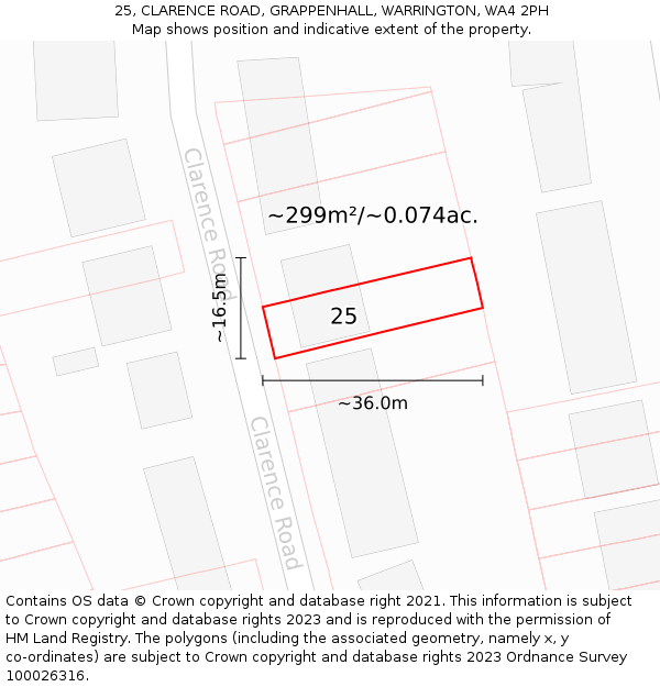 25, CLARENCE ROAD, GRAPPENHALL, WARRINGTON, WA4 2PH: Plot and title map