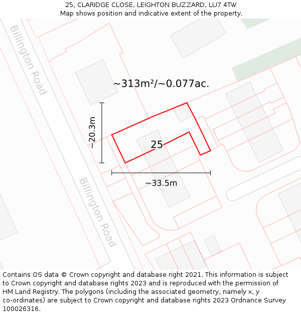25, CLARIDGE CLOSE, LEIGHTON BUZZARD, LU7 4TW: Plot and title map