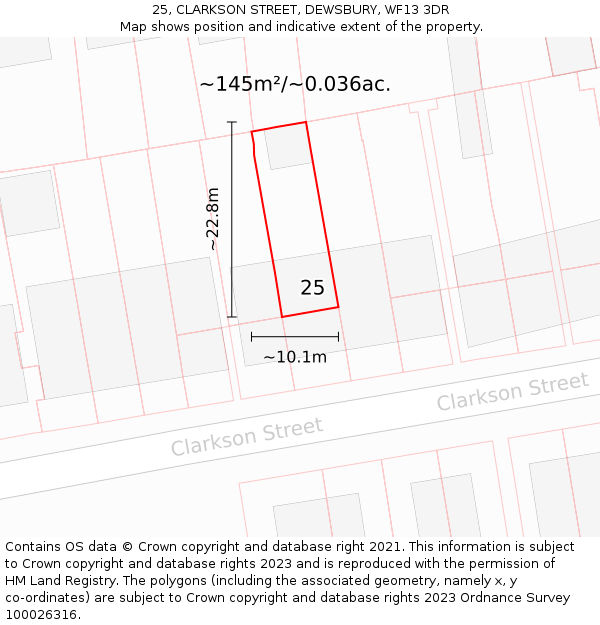 25, CLARKSON STREET, DEWSBURY, WF13 3DR: Plot and title map