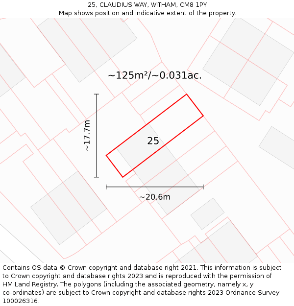 25, CLAUDIUS WAY, WITHAM, CM8 1PY: Plot and title map
