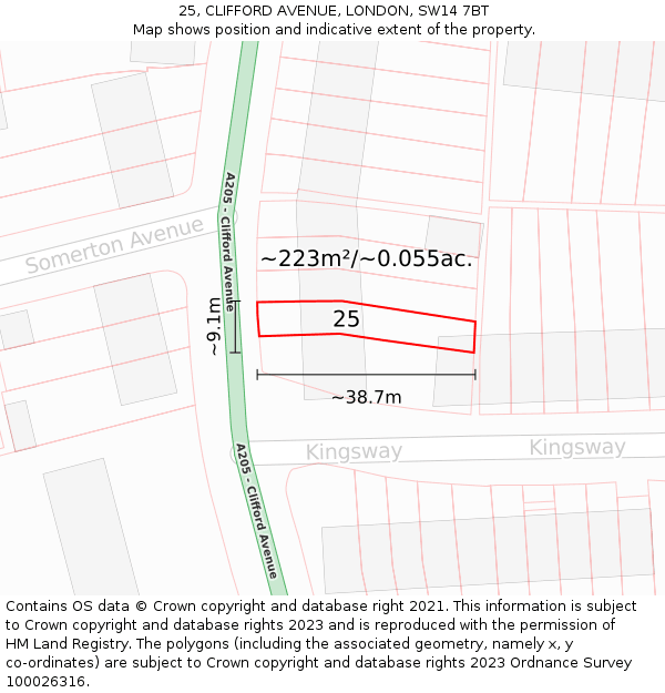 25, CLIFFORD AVENUE, LONDON, SW14 7BT: Plot and title map