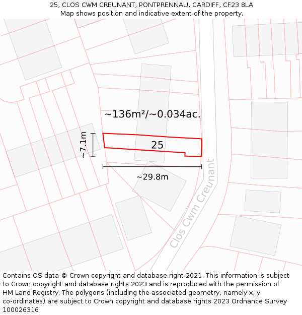 25, CLOS CWM CREUNANT, PONTPRENNAU, CARDIFF, CF23 8LA: Plot and title map