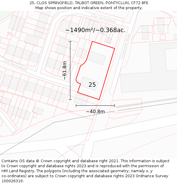 25, CLOS SPRINGFIELD, TALBOT GREEN, PONTYCLUN, CF72 8FE: Plot and title map