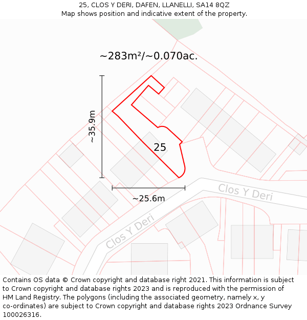 25, CLOS Y DERI, DAFEN, LLANELLI, SA14 8QZ: Plot and title map