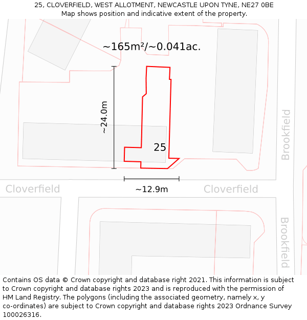 25, CLOVERFIELD, WEST ALLOTMENT, NEWCASTLE UPON TYNE, NE27 0BE: Plot and title map