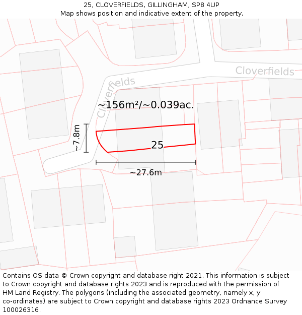 25, CLOVERFIELDS, GILLINGHAM, SP8 4UP: Plot and title map