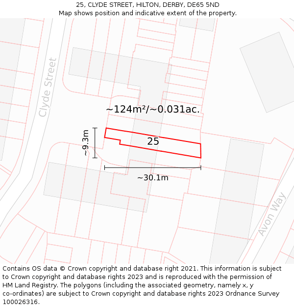 25, CLYDE STREET, HILTON, DERBY, DE65 5ND: Plot and title map