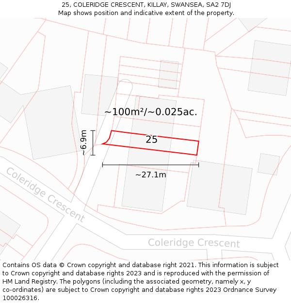 25, COLERIDGE CRESCENT, KILLAY, SWANSEA, SA2 7DJ: Plot and title map