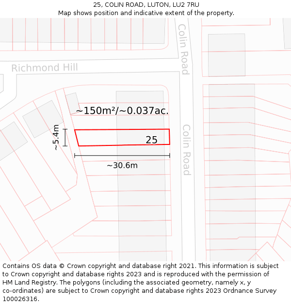 25, COLIN ROAD, LUTON, LU2 7RU: Plot and title map