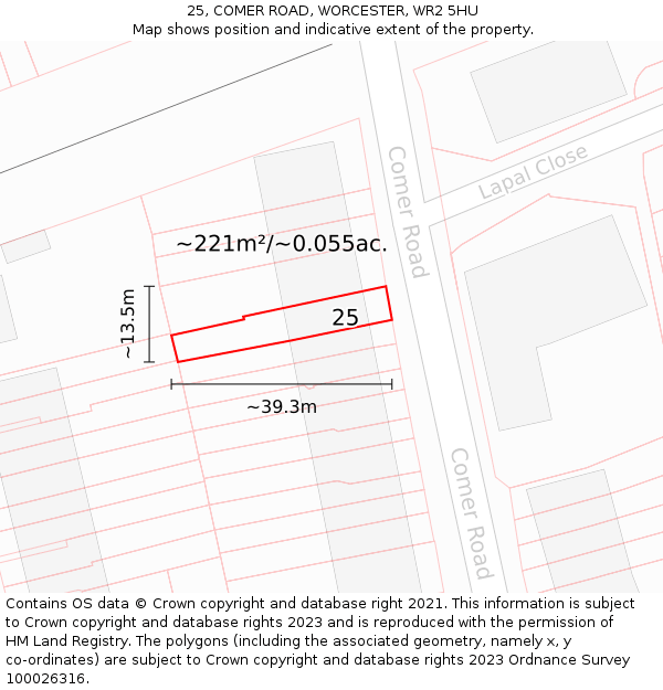 25, COMER ROAD, WORCESTER, WR2 5HU: Plot and title map