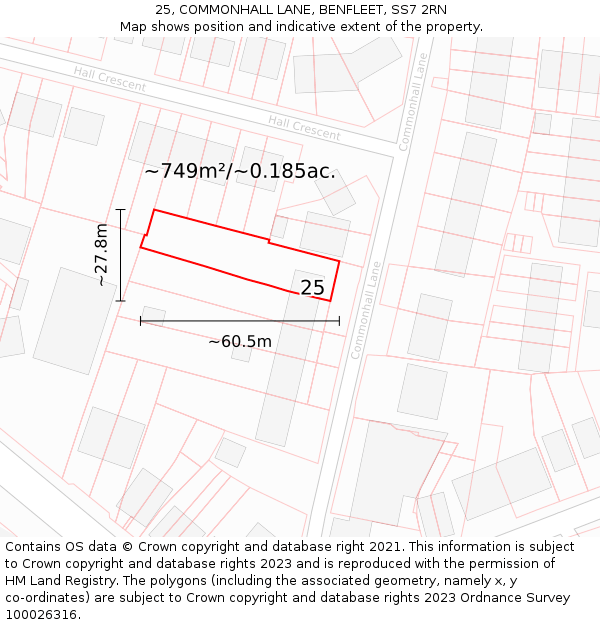 25, COMMONHALL LANE, BENFLEET, SS7 2RN: Plot and title map