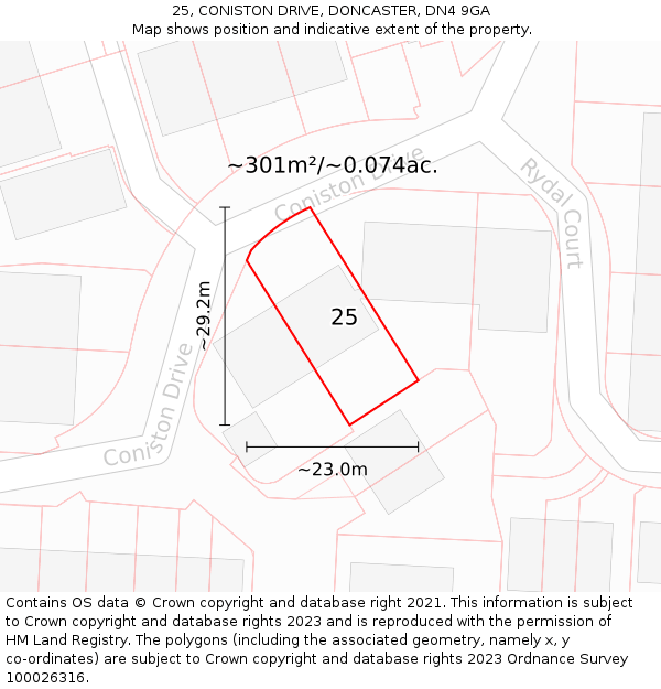25, CONISTON DRIVE, DONCASTER, DN4 9GA: Plot and title map