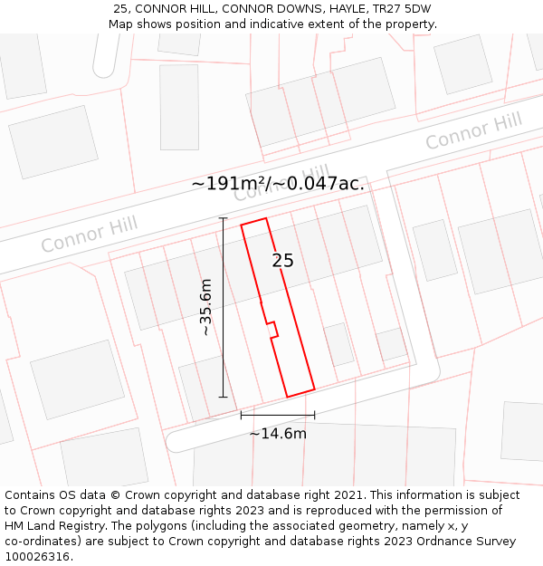 25, CONNOR HILL, CONNOR DOWNS, HAYLE, TR27 5DW: Plot and title map