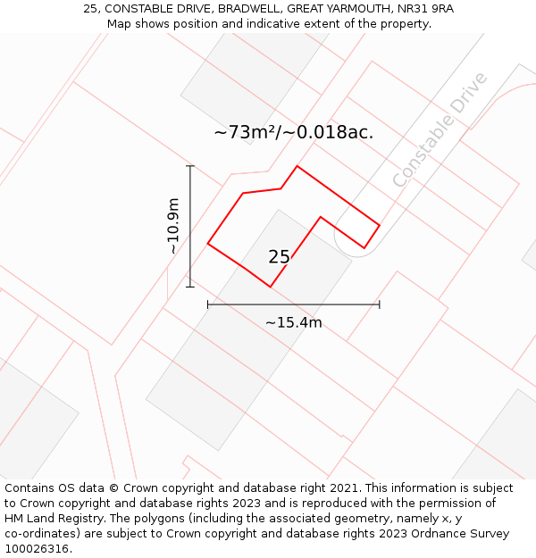 25, CONSTABLE DRIVE, BRADWELL, GREAT YARMOUTH, NR31 9RA: Plot and title map