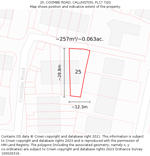 25, COOMBE ROAD, CALLINGTON, PL17 7QG: Plot and title map