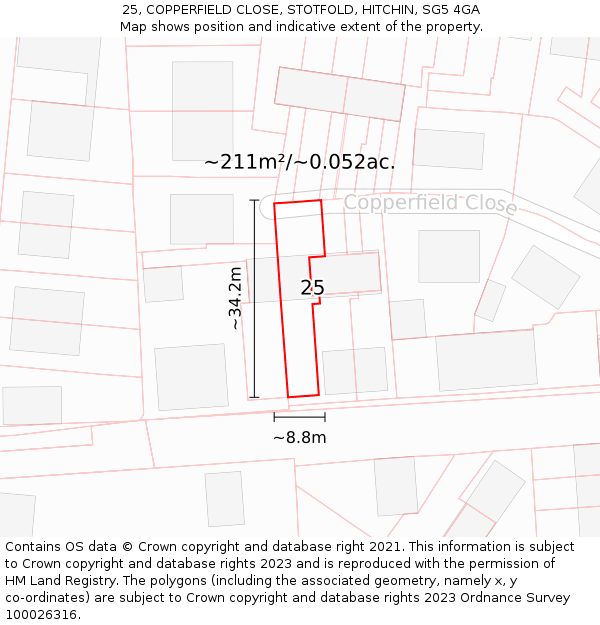 25, COPPERFIELD CLOSE, STOTFOLD, HITCHIN, SG5 4GA: Plot and title map