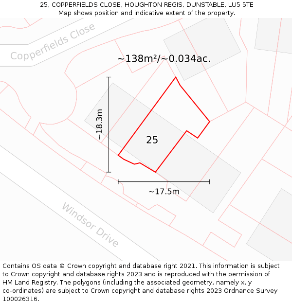 25, COPPERFIELDS CLOSE, HOUGHTON REGIS, DUNSTABLE, LU5 5TE: Plot and title map