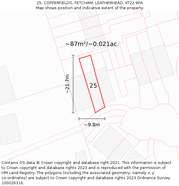 25, COPPERFIELDS, FETCHAM, LEATHERHEAD, KT22 9PA: Plot and title map