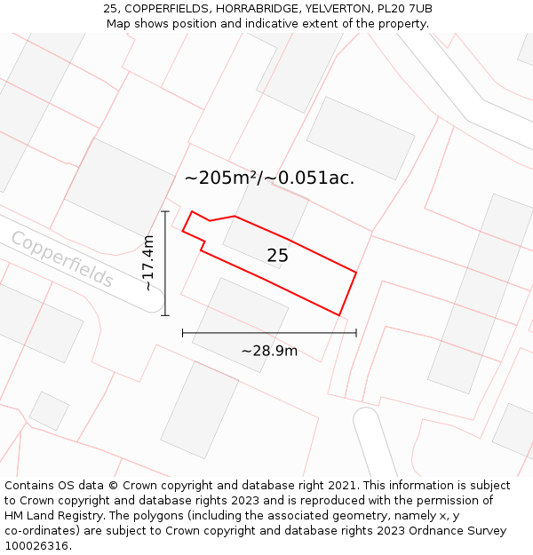 25, COPPERFIELDS, HORRABRIDGE, YELVERTON, PL20 7UB: Plot and title map