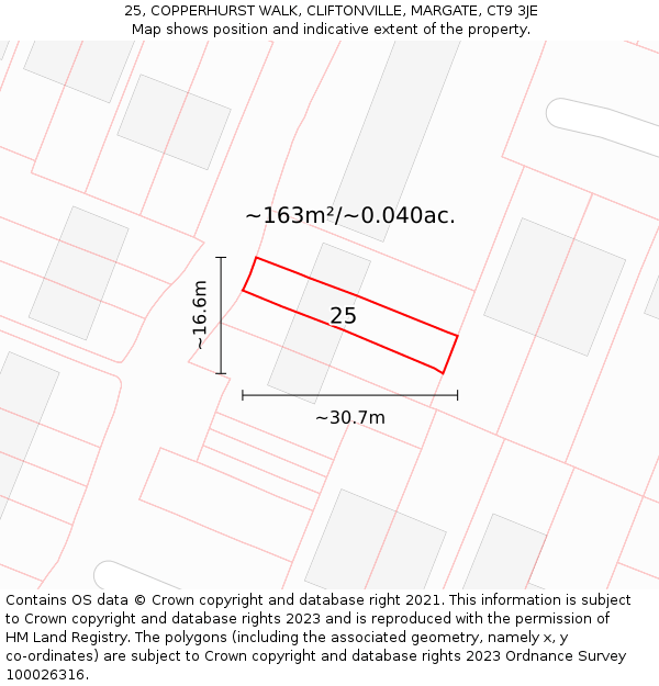 25, COPPERHURST WALK, CLIFTONVILLE, MARGATE, CT9 3JE: Plot and title map