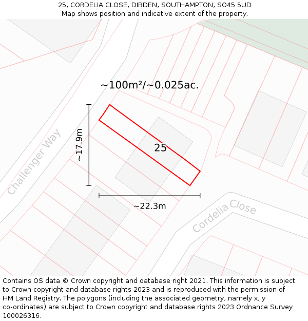 25, CORDELIA CLOSE, DIBDEN, SOUTHAMPTON, SO45 5UD: Plot and title map