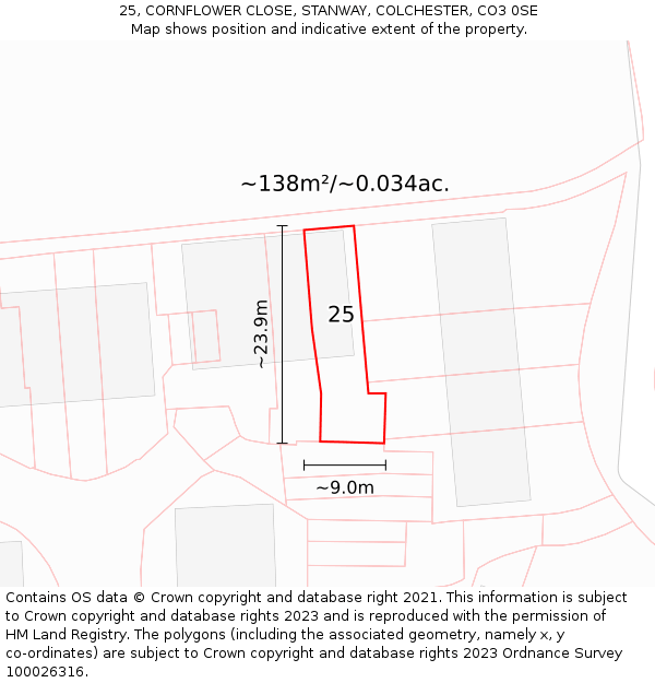25, CORNFLOWER CLOSE, STANWAY, COLCHESTER, CO3 0SE: Plot and title map