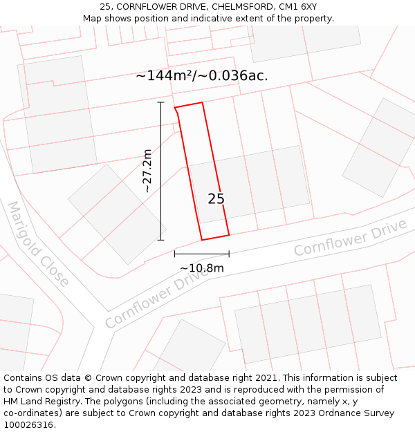 25, CORNFLOWER DRIVE, CHELMSFORD, CM1 6XY: Plot and title map