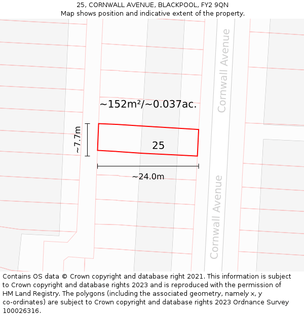 25, CORNWALL AVENUE, BLACKPOOL, FY2 9QN: Plot and title map