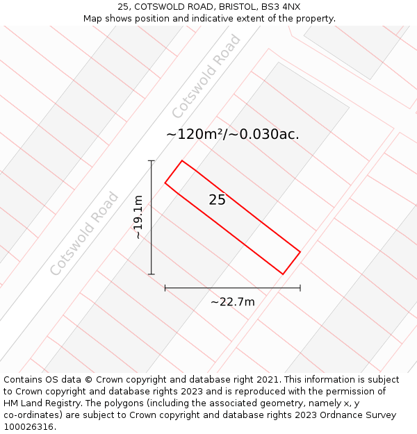 25, COTSWOLD ROAD, BRISTOL, BS3 4NX: Plot and title map