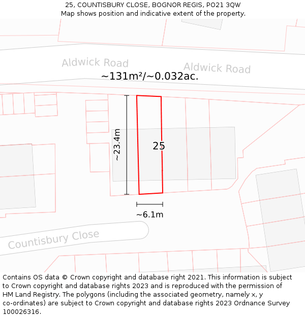 25, COUNTISBURY CLOSE, BOGNOR REGIS, PO21 3QW: Plot and title map