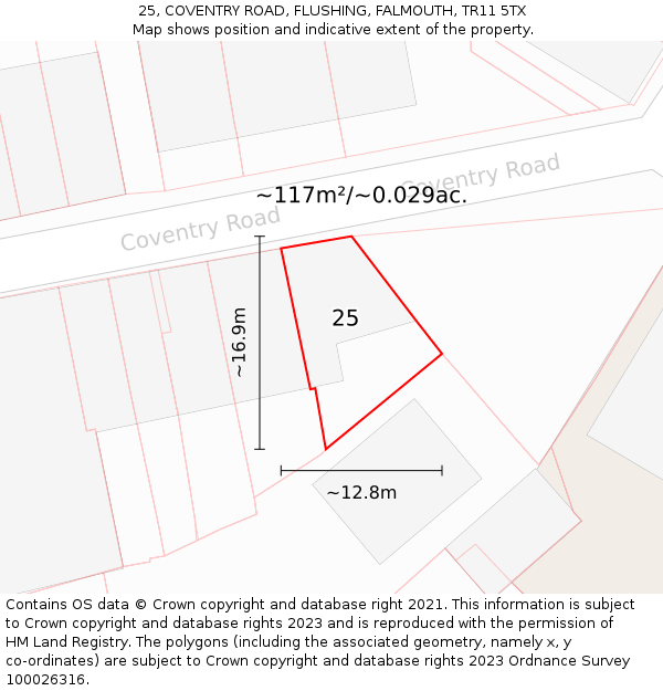 25, COVENTRY ROAD, FLUSHING, FALMOUTH, TR11 5TX: Plot and title map