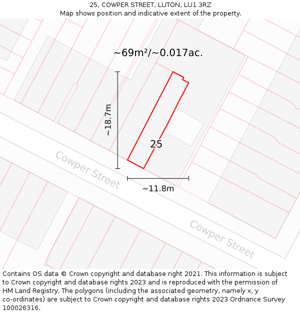 25, COWPER STREET, LUTON, LU1 3RZ: Plot and title map
