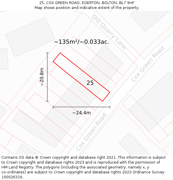25, COX GREEN ROAD, EGERTON, BOLTON, BL7 9HF: Plot and title map