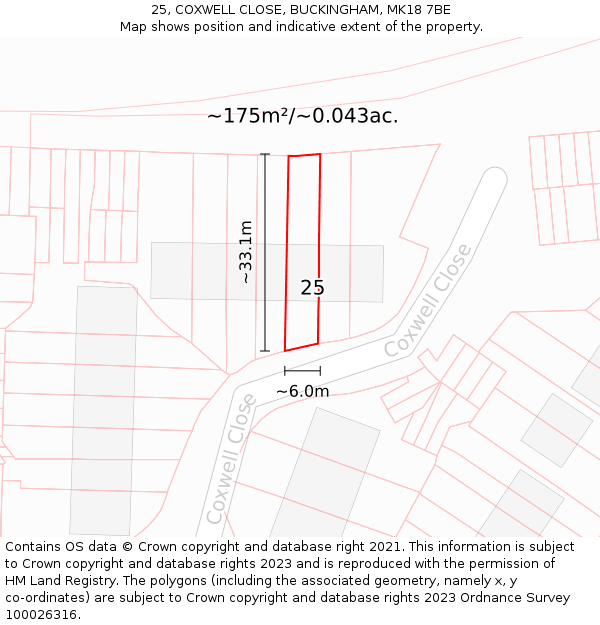 25, COXWELL CLOSE, BUCKINGHAM, MK18 7BE: Plot and title map