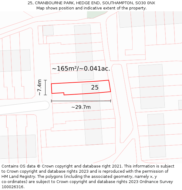 25, CRANBOURNE PARK, HEDGE END, SOUTHAMPTON, SO30 0NX: Plot and title map