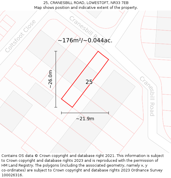 25, CRANESBILL ROAD, LOWESTOFT, NR33 7EB: Plot and title map