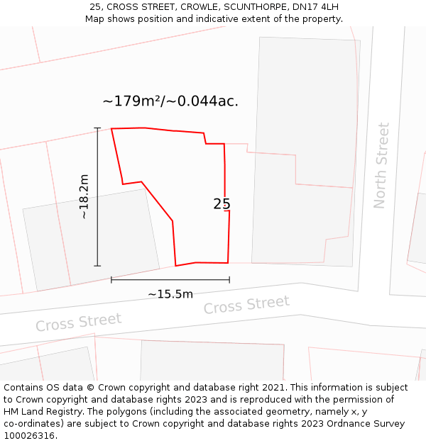 25, CROSS STREET, CROWLE, SCUNTHORPE, DN17 4LH: Plot and title map