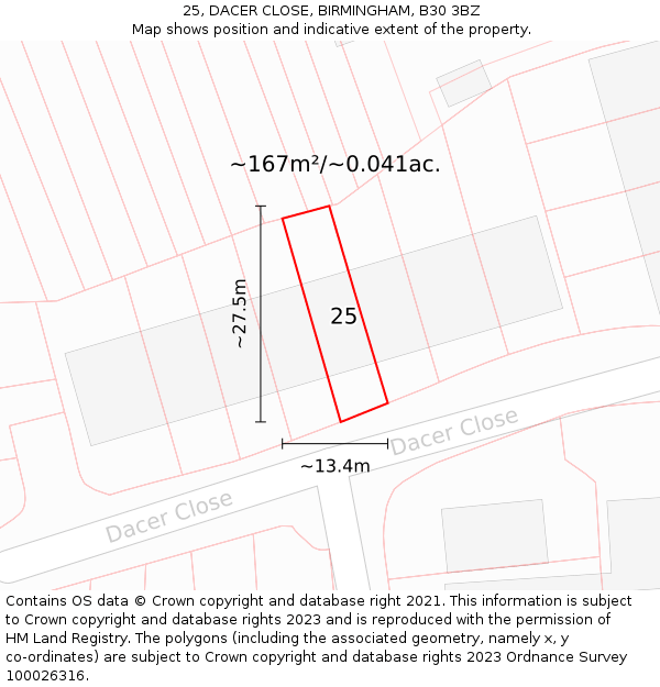 25, DACER CLOSE, BIRMINGHAM, B30 3BZ: Plot and title map