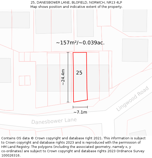 25, DANESBOWER LANE, BLOFIELD, NORWICH, NR13 4LP: Plot and title map