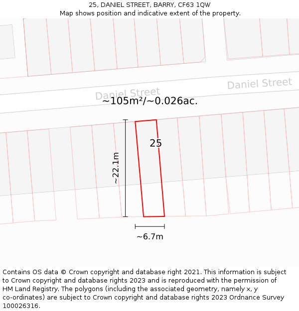 25, DANIEL STREET, BARRY, CF63 1QW: Plot and title map