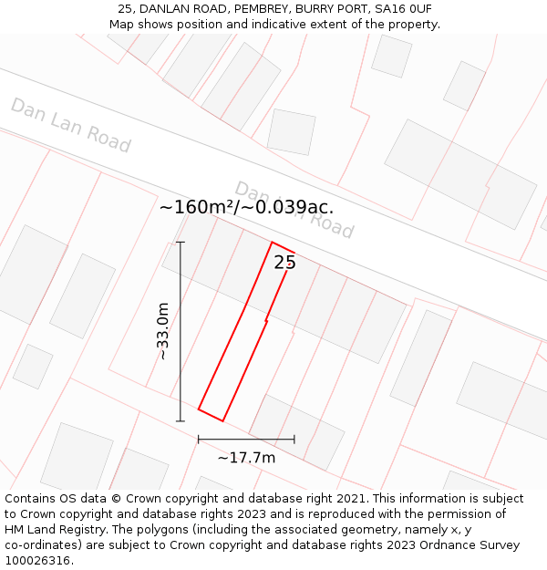 25, DANLAN ROAD, PEMBREY, BURRY PORT, SA16 0UF: Plot and title map