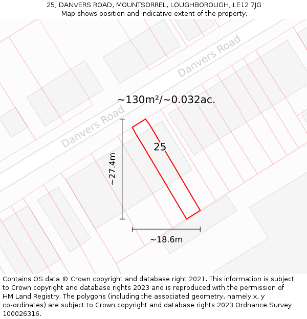 25, DANVERS ROAD, MOUNTSORREL, LOUGHBOROUGH, LE12 7JG: Plot and title map