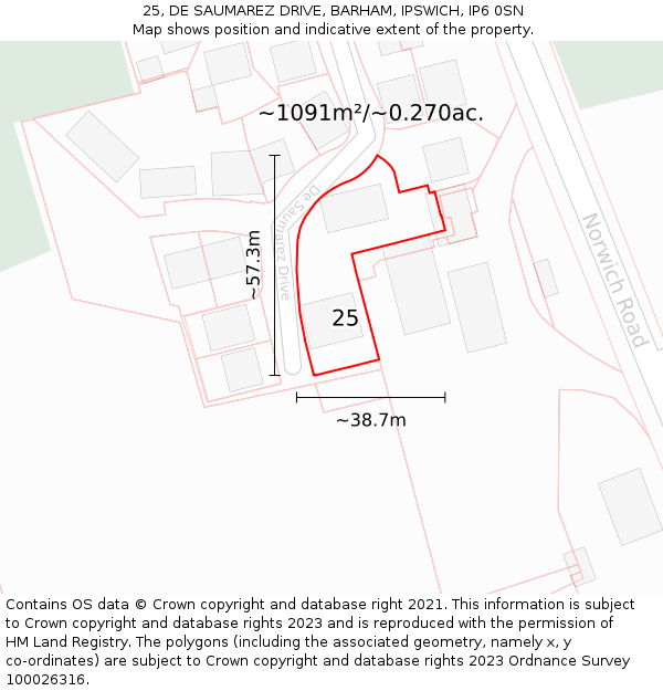 25, DE SAUMAREZ DRIVE, BARHAM, IPSWICH, IP6 0SN: Plot and title map