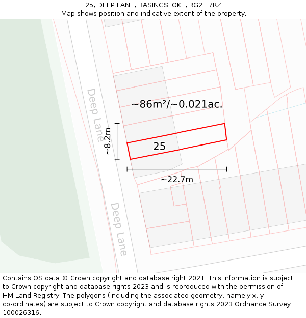 25, DEEP LANE, BASINGSTOKE, RG21 7RZ: Plot and title map