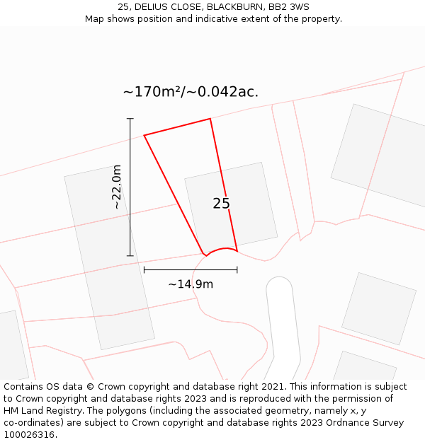 25, DELIUS CLOSE, BLACKBURN, BB2 3WS: Plot and title map