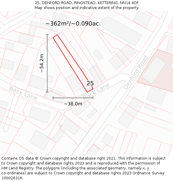 25, DENFORD ROAD, RINGSTEAD, KETTERING, NN14 4DF: Plot and title map