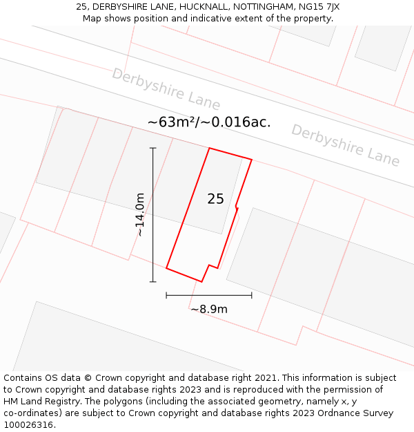 25, DERBYSHIRE LANE, HUCKNALL, NOTTINGHAM, NG15 7JX: Plot and title map